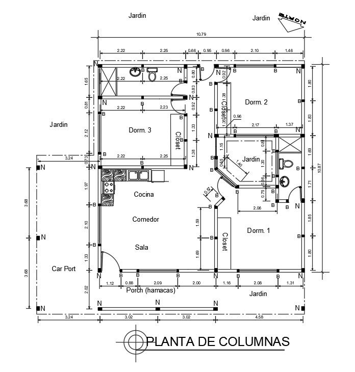 Column Details of the small 3bhk house with clear dimensions are given. Download the Autocad file now.