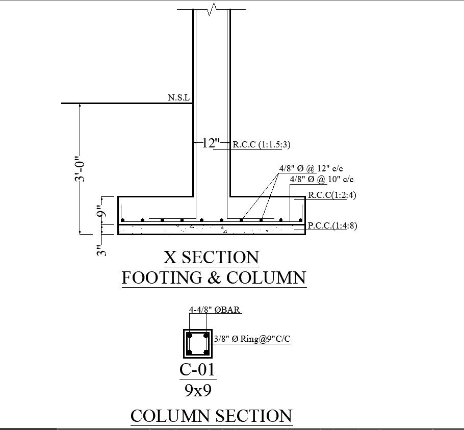 Column Footing Design Section Detailed AutoCAD Drawing