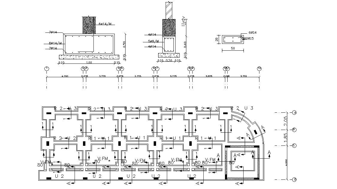 Column Footing Foundation With Center Line Plan DWG File