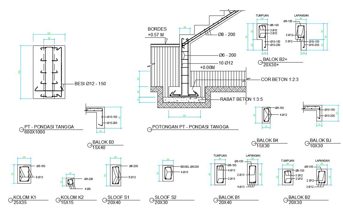 Column and beam cross section with reinforcement detail drawing