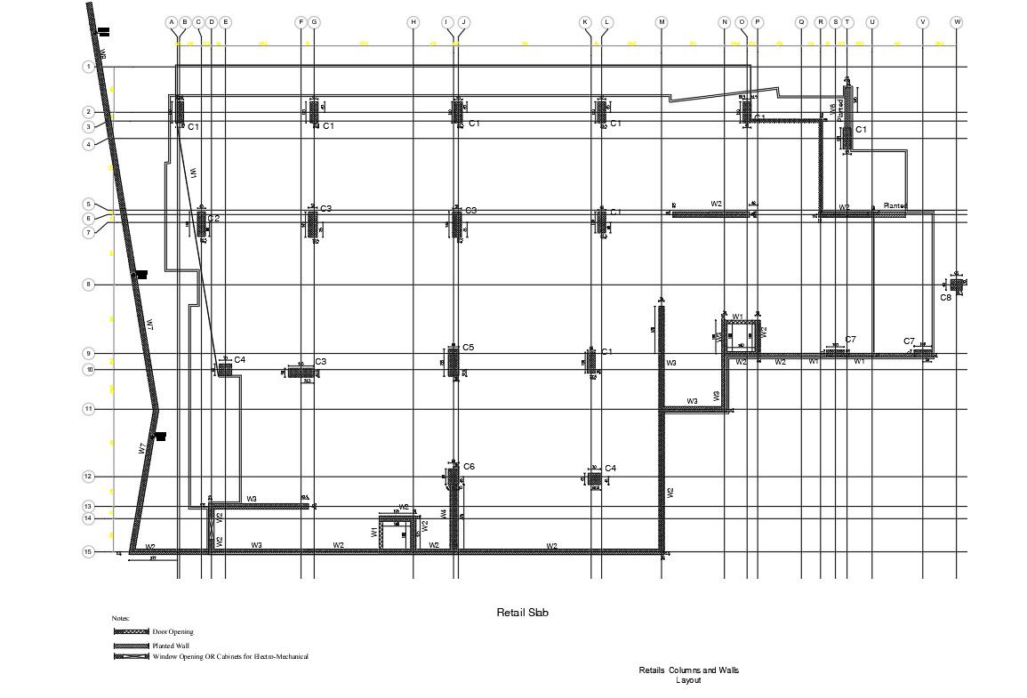 Column and wall layout details in AutoCAD, dwg file.