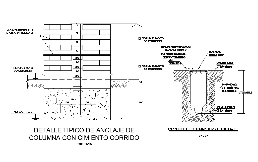 Column construction detail is given for 8x19m house plan in this Autocad drawing file. Download now.
