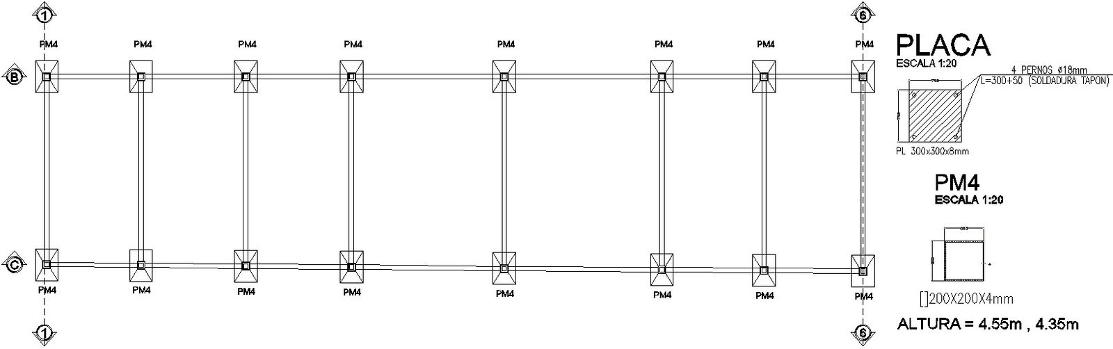 Column height detail drawing of steel structure.