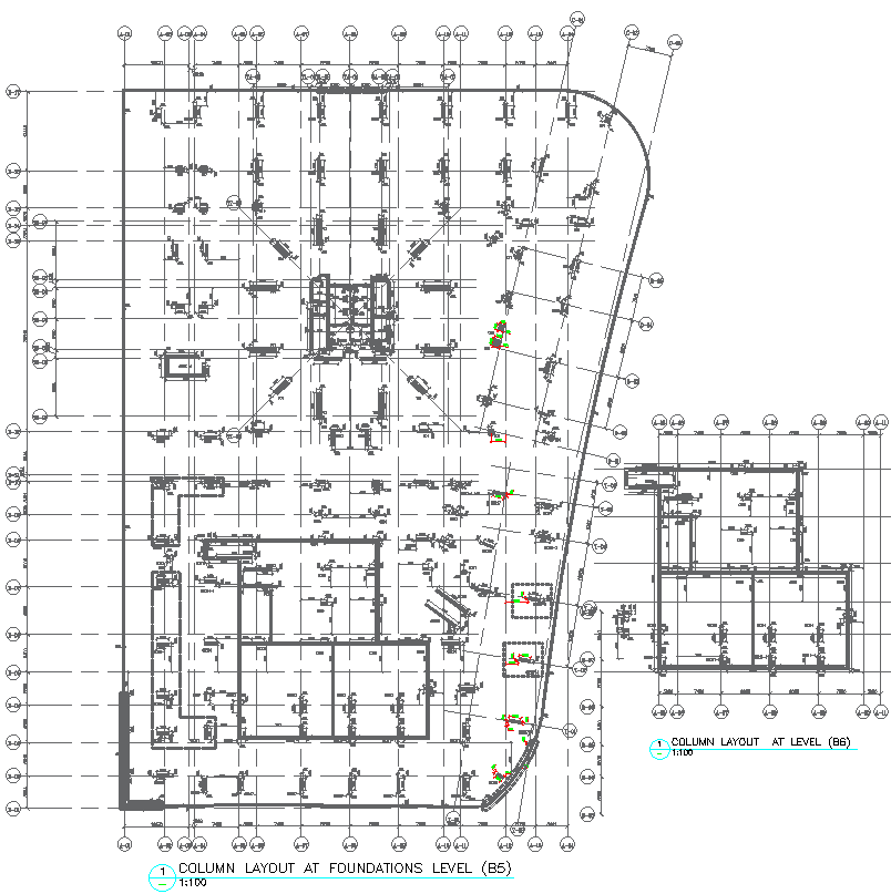 Column layout at foundations level b5 and b6 in 1:100 scale AutoCAD DWG drawing.