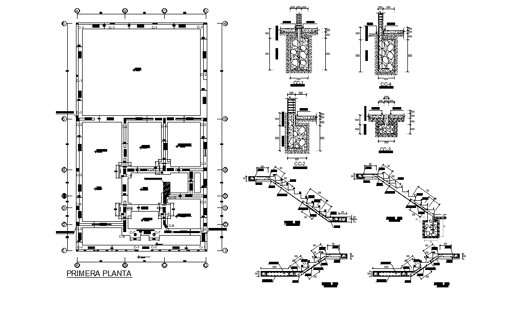 Column layout of 10x17m villa house plan is given in this Autocad drawing file. Download the Autocad model.