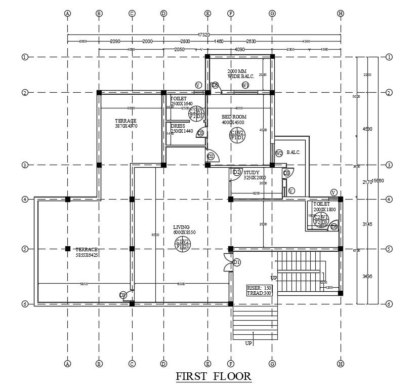 Column layout of 17x16m first floor house plan is given in this AutoCAD drawing model. Download now.