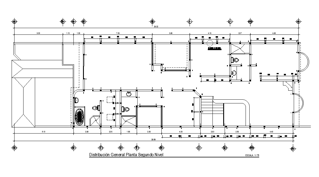 Column layout of 40x11m first floor house plan is given in this AutoCAD drawing model. Download now.