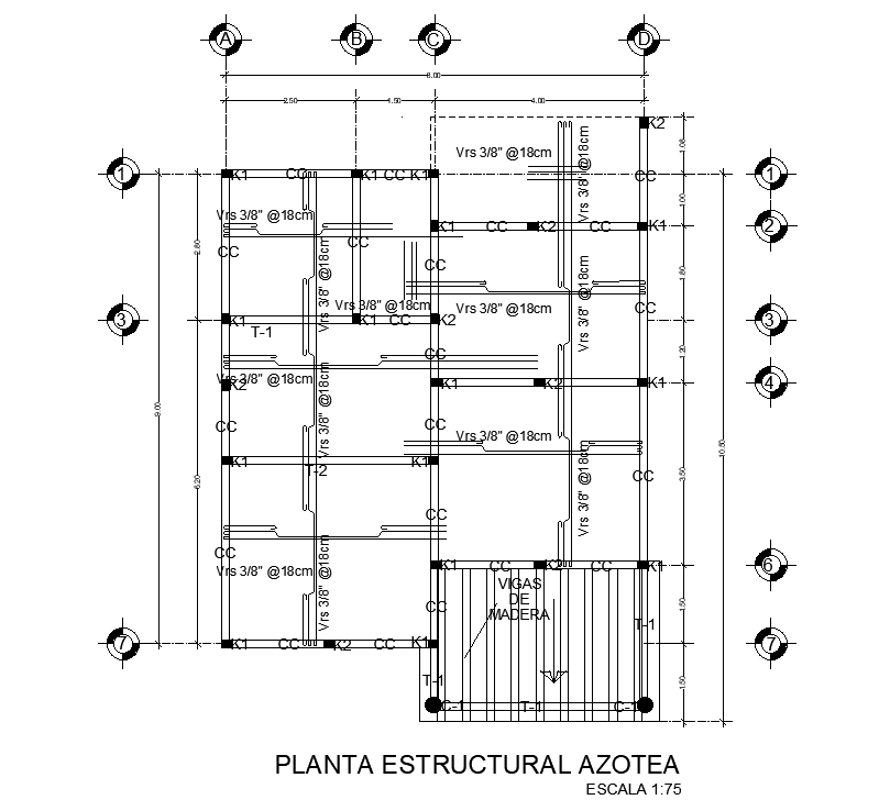 Column layout of 8x10m house plan is given in this AutoCAD drawing model. Download now.