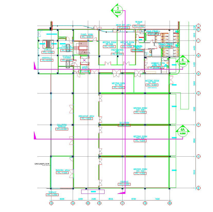 Column layout plan of the ground floor of commercial building in AutoCAD 2D drawing, CAD file, dwg file