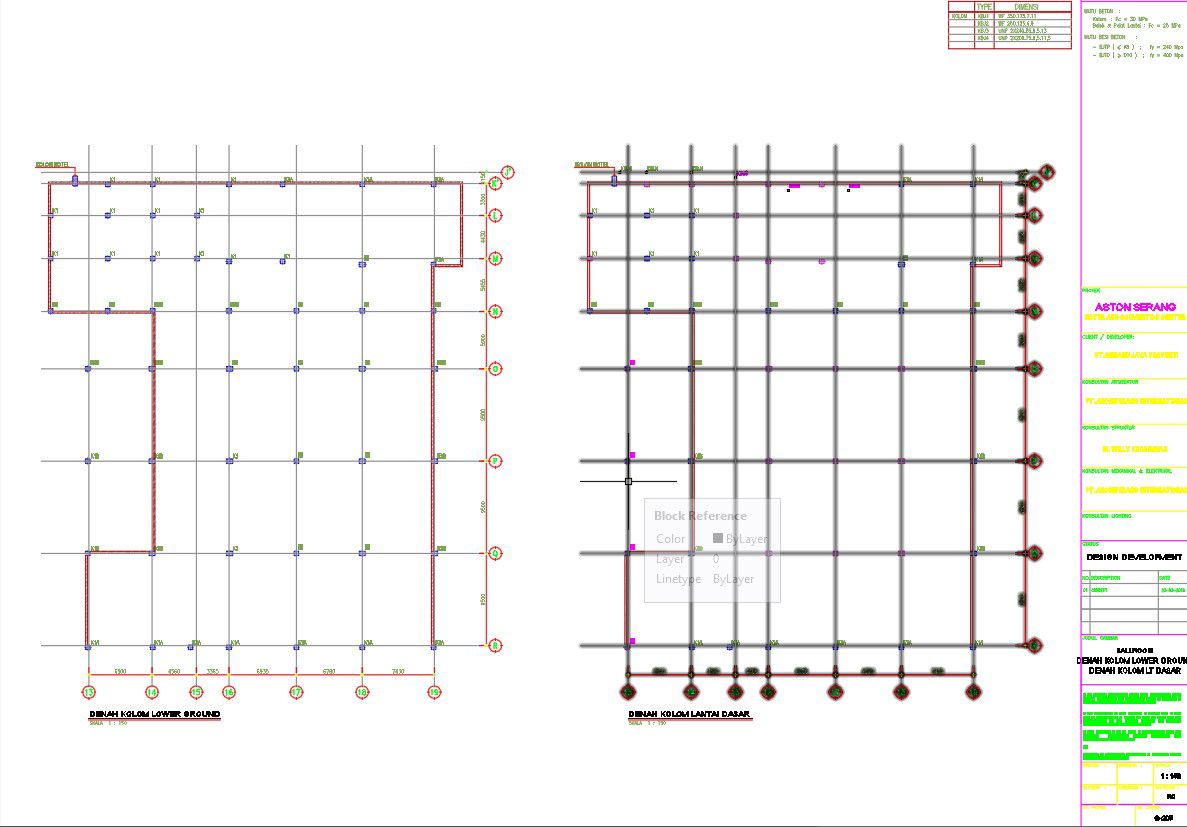 Column layout plan of the lower ground floor in AutoCAD 2D drawing, CAD file, dwg file