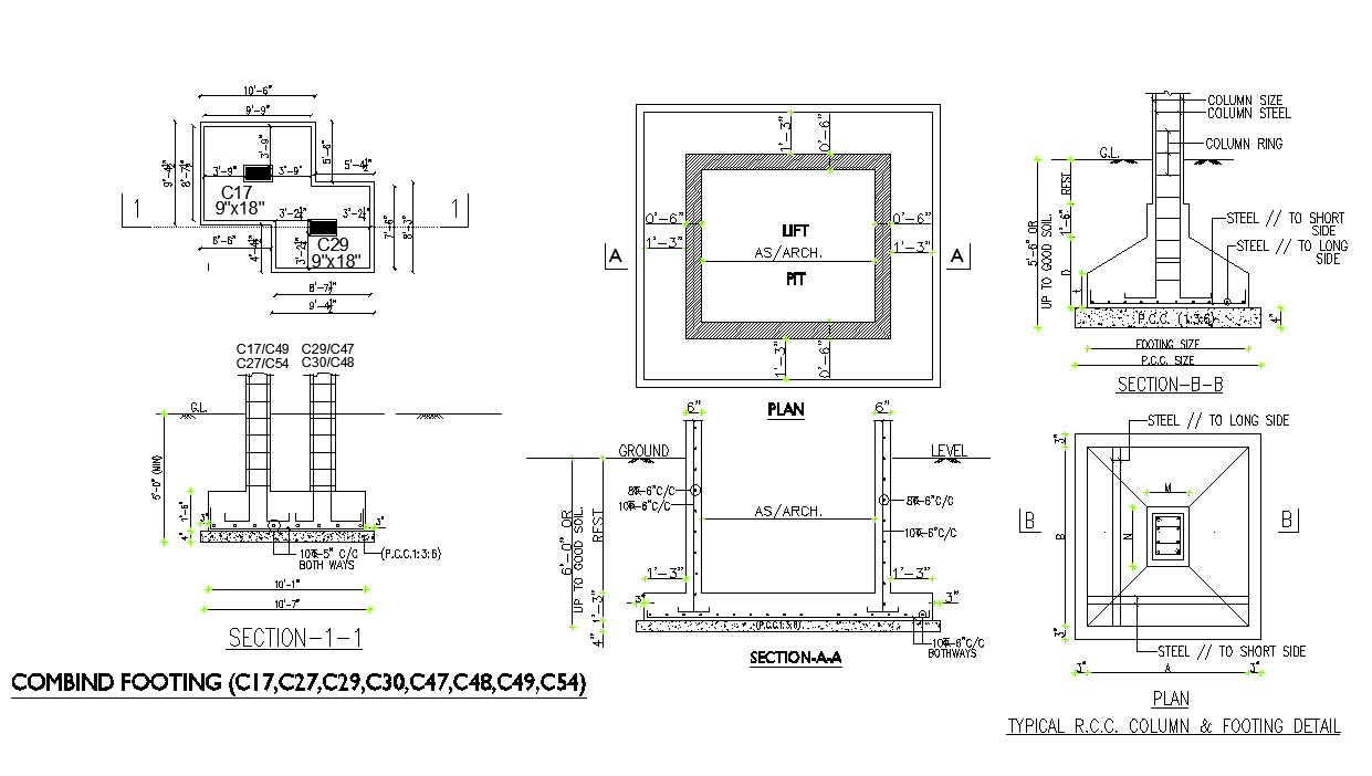Combined footing detail section 2d view layout file
