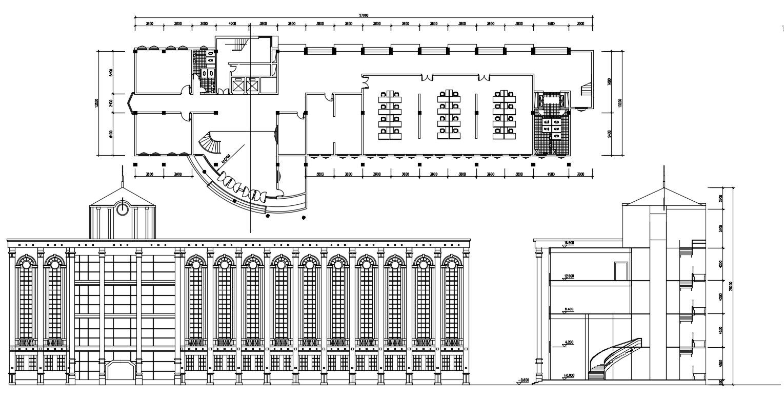 Commerce Building Plan Elevation and Section Drawing