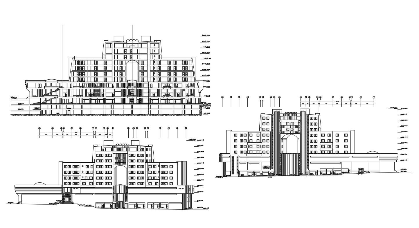 Commercial Complex Building Elevation and Section CAD Drawing