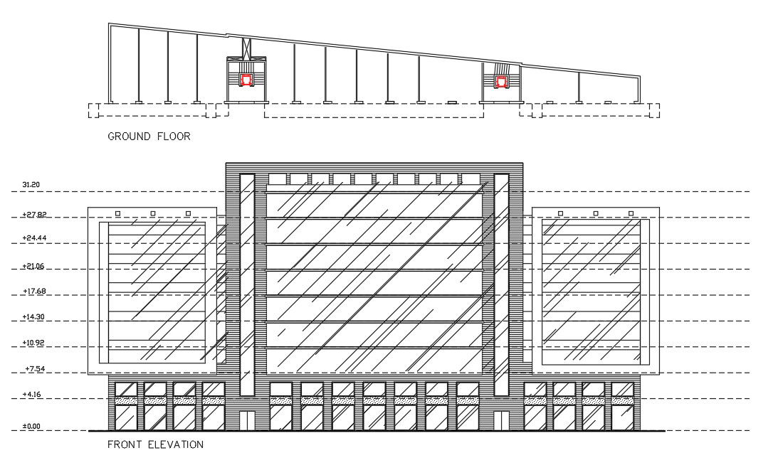 Commercial Complex Elevation With Ground Floor Plan DWG File