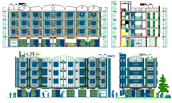 Commercial building all sided elevation and sectional details dwg file