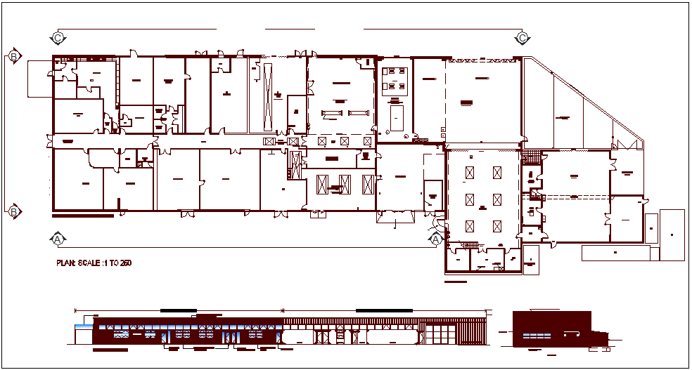 Commercial building design view with plan and elevation view dwg file