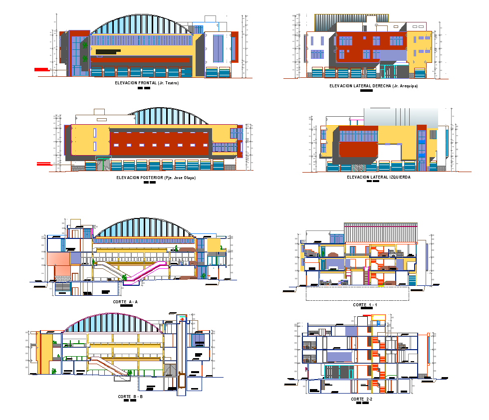 Commercial building elevation and section 2d view layout file