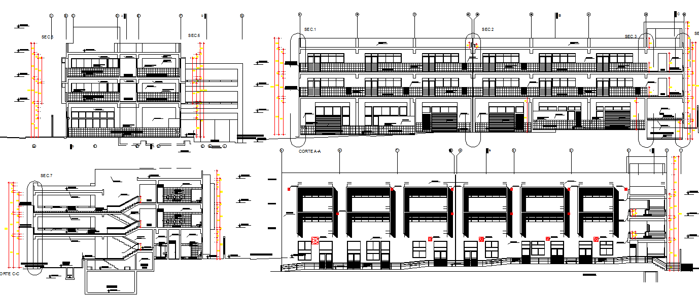 Commercial building elevation and section detail dwg file