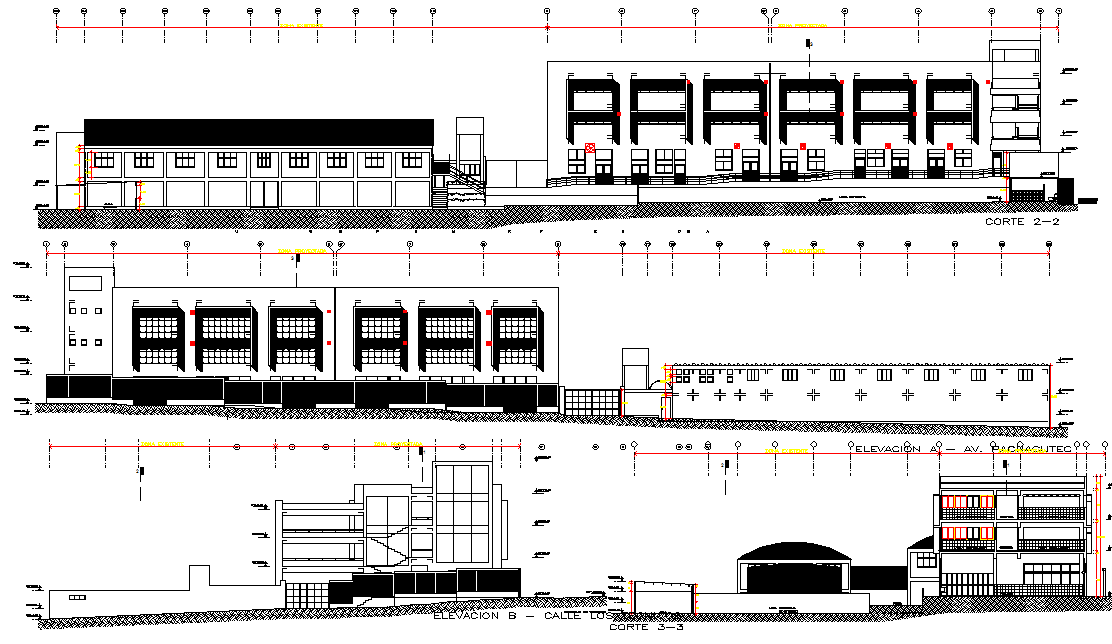 Commercial building elevation and section detail dwg file
