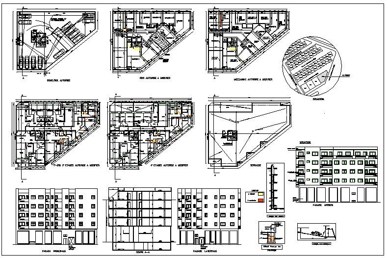 Commercial building floor plan detail and elevation view detail dwg file
