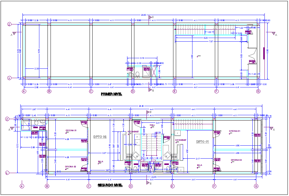 Commercial building of first and second floor plan dwg file