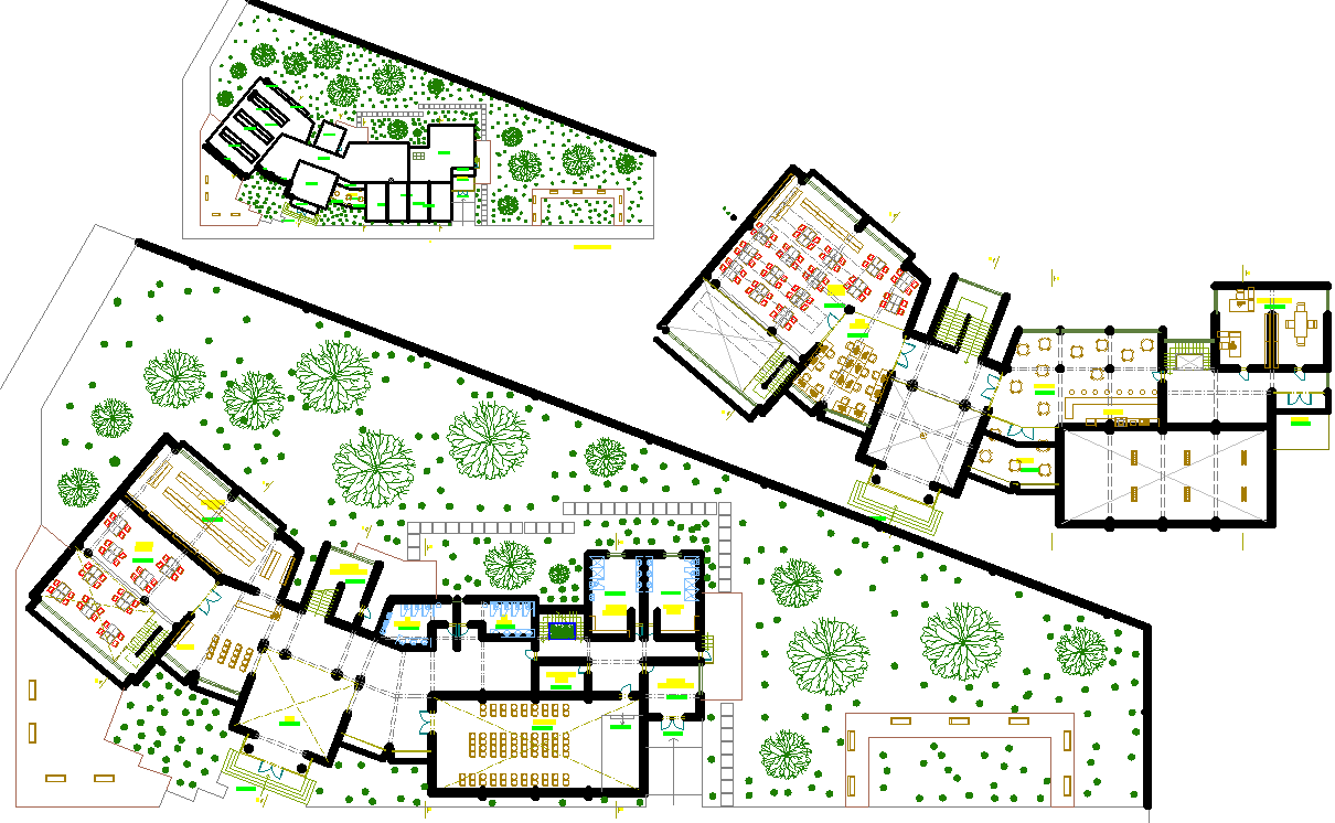 Commercial building plan and landscaping detail dwg file