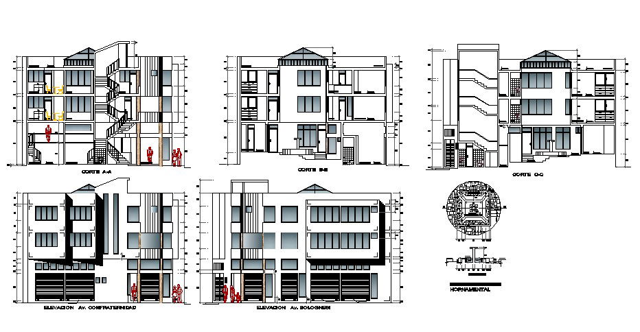 Commercial building with different elevation in autocad