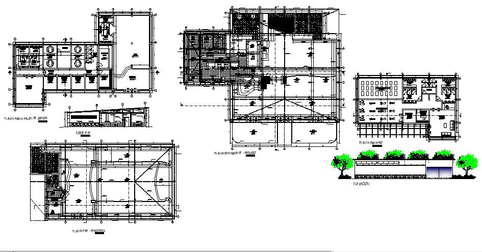 Commercial building with section and elevation detail in AutoCAD