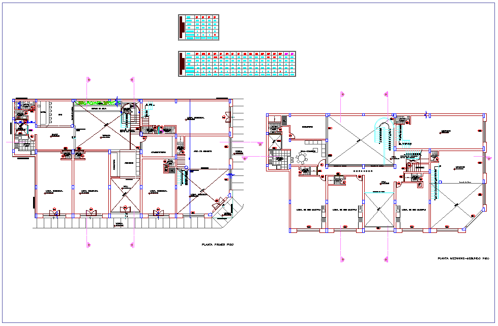 Commercial building with shopping area first and second floor plan dwg file