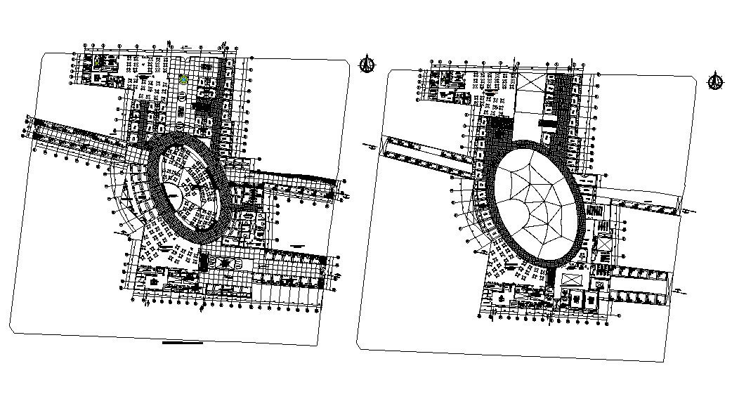 Commercial center building ground and first floor plan details dwg file