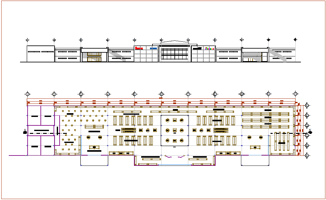 Commercial center with super market plan and elevation dwg file