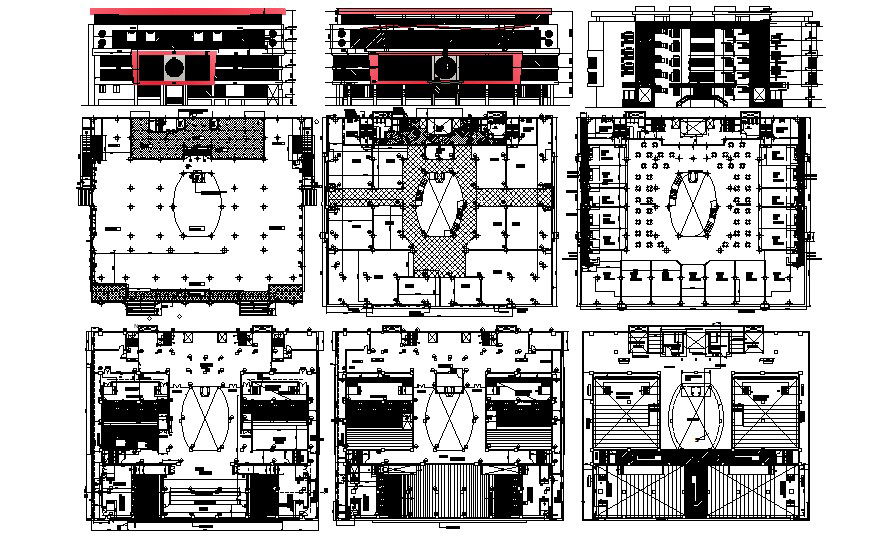 Commercial complex with different elevation and section in dwg file