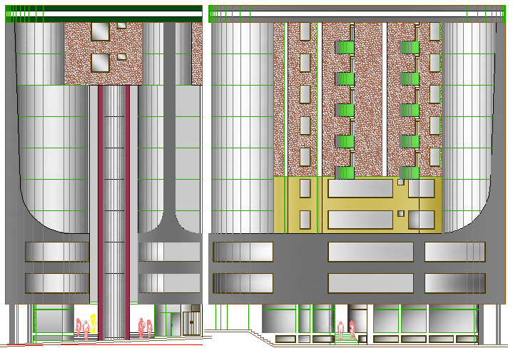 Commercial corporate building front and back elevation view dwg file