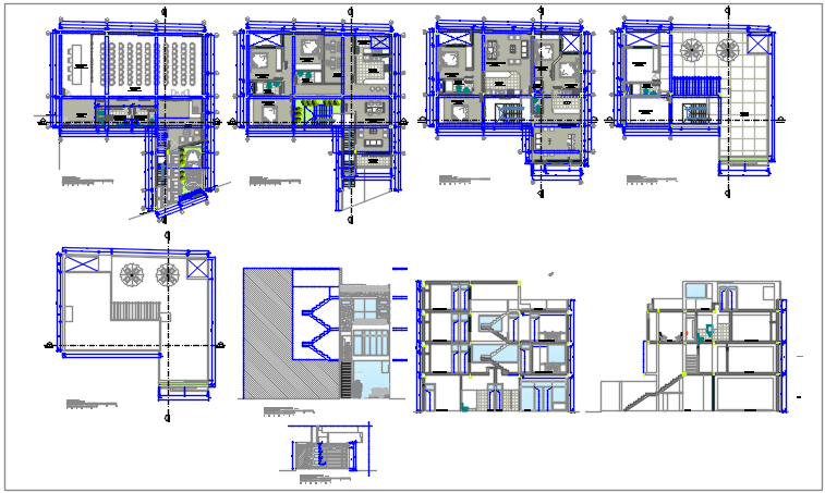 Commercial office plan and elevation detail dwg file