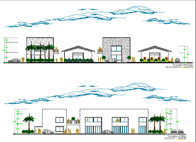 Commercial plaza front elevation and sectional details dwg file