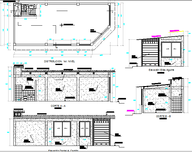 Commercial store elevation, section and plan details dwg file