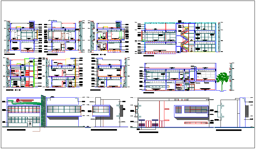 Commercial structure floor plan & elevation section view detail dwg file