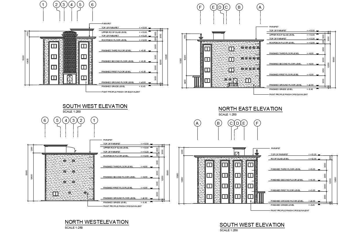 Commercial Building Four Side Elevation With Dimension CAD File