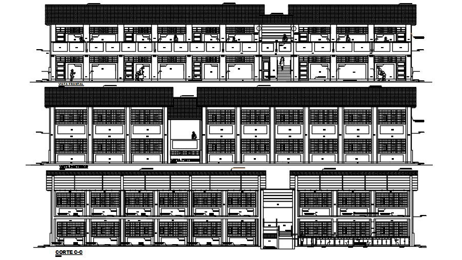 Commercial Building Front And Rear Elevation Design Download DWG File
