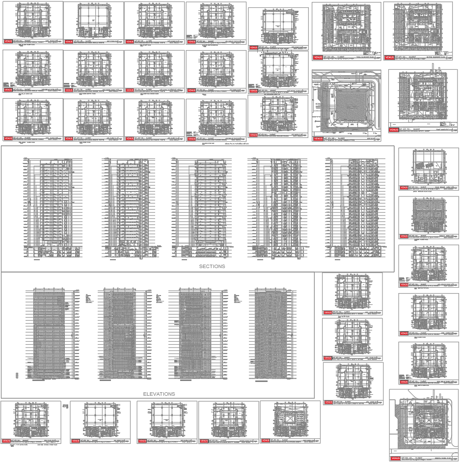 Commercial High Rise Building Plan with Sections in DWG File