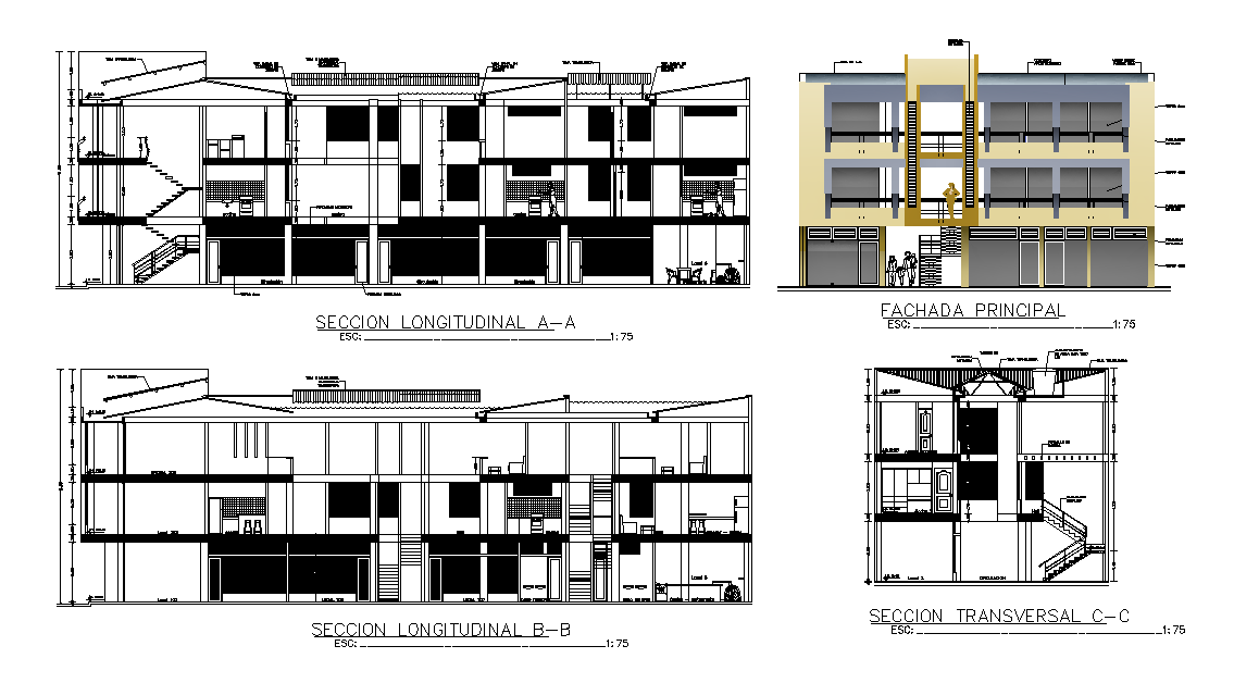 Commercial With Apartment Building Sectional Elevation Drawing DWG File