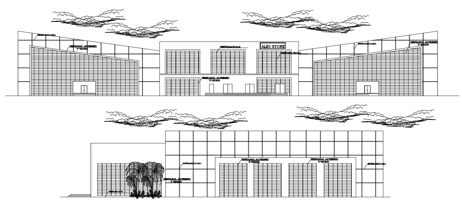 Commercial building Front and rear Elevation and section CAD drawing files. Download now.