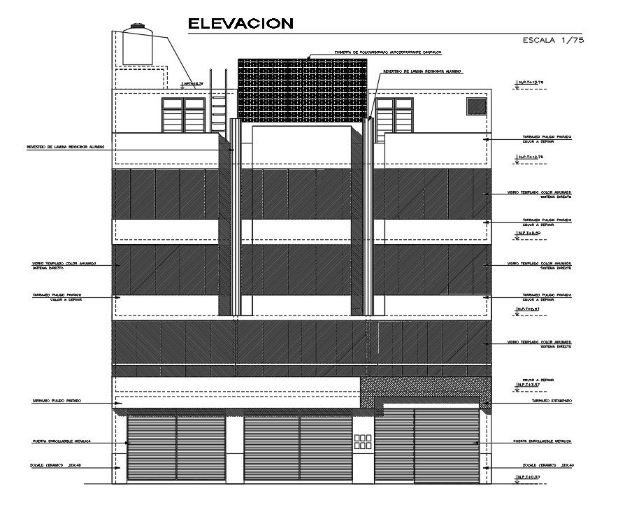Commercial building elevation design stated in this CAD drawing file | Download 2d autocad drawing file.