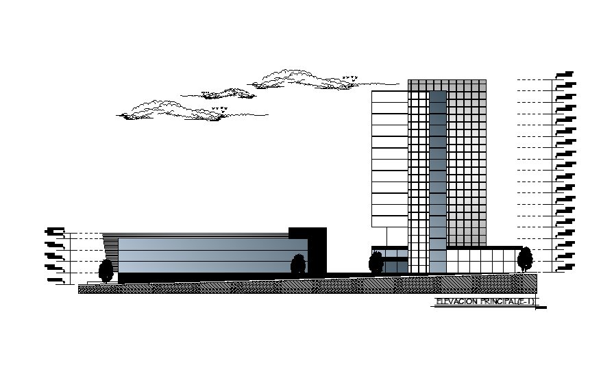 Commercial building elevation detail specified in this CAD drawing. Download this 2d AutoCAD drawing file.