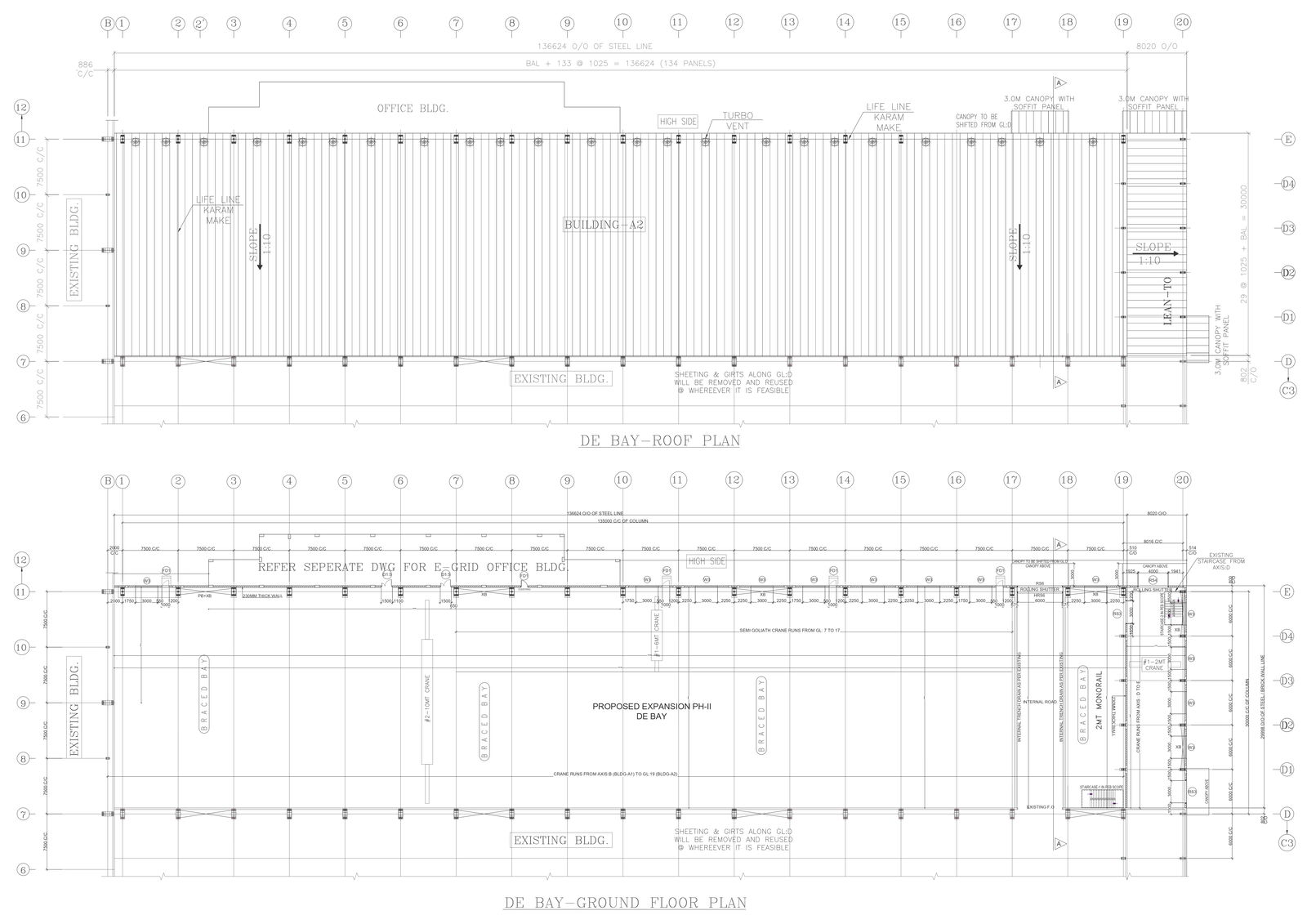 Commercial building ground floor plan and roof plan detail DWG AutoCAD file