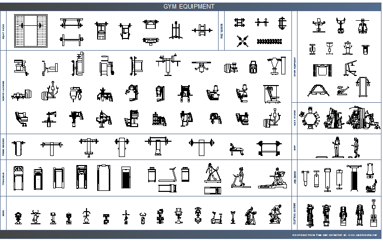 Common multiple gym equipment blocks design dwg file