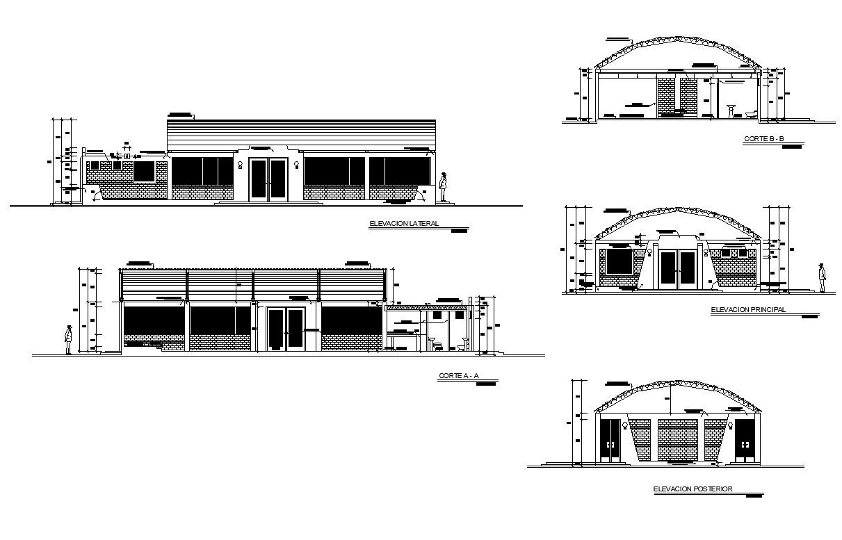 Communal hall Building elevation and section 2d view layout file
