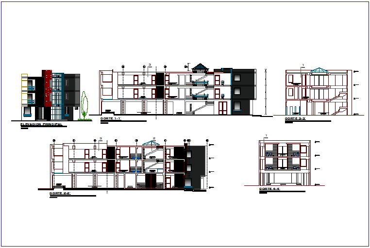 Community center elevation and section view dwg file