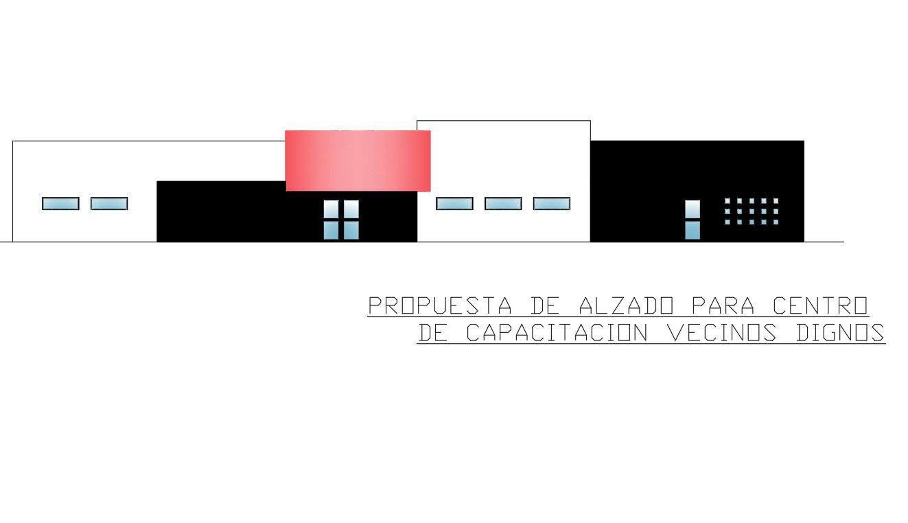 Community education center front elevation view details dwg file