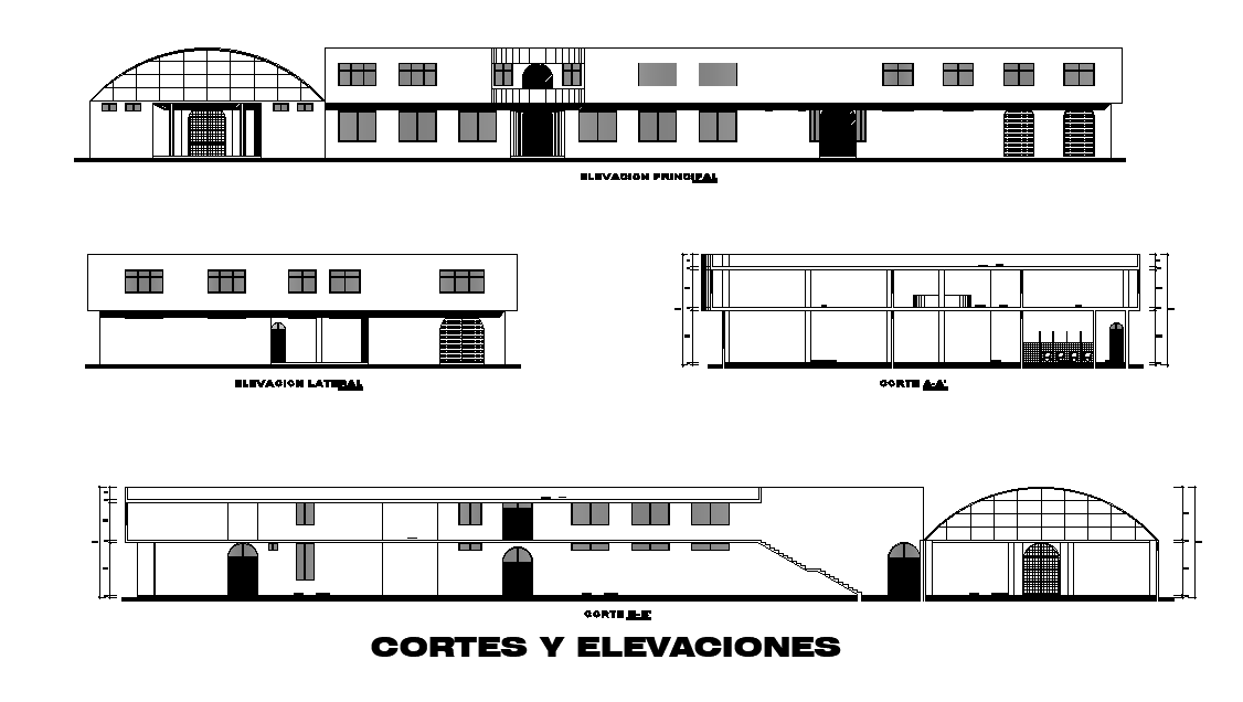 Community Hall Building Sectional Elevation Design DWG File